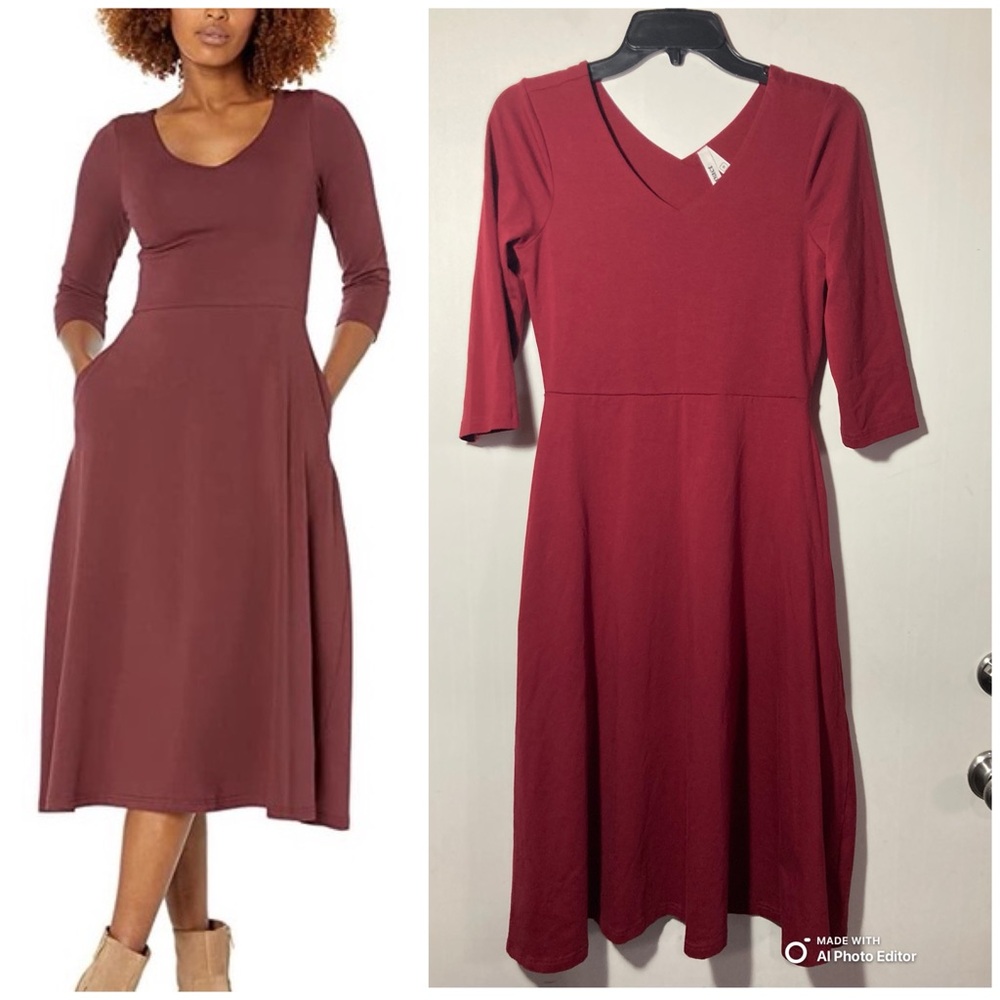 Pact Fit & Flare Organic Cotton Midi-Dress 3/4 Sleeves Pockets Sz Small/Medium